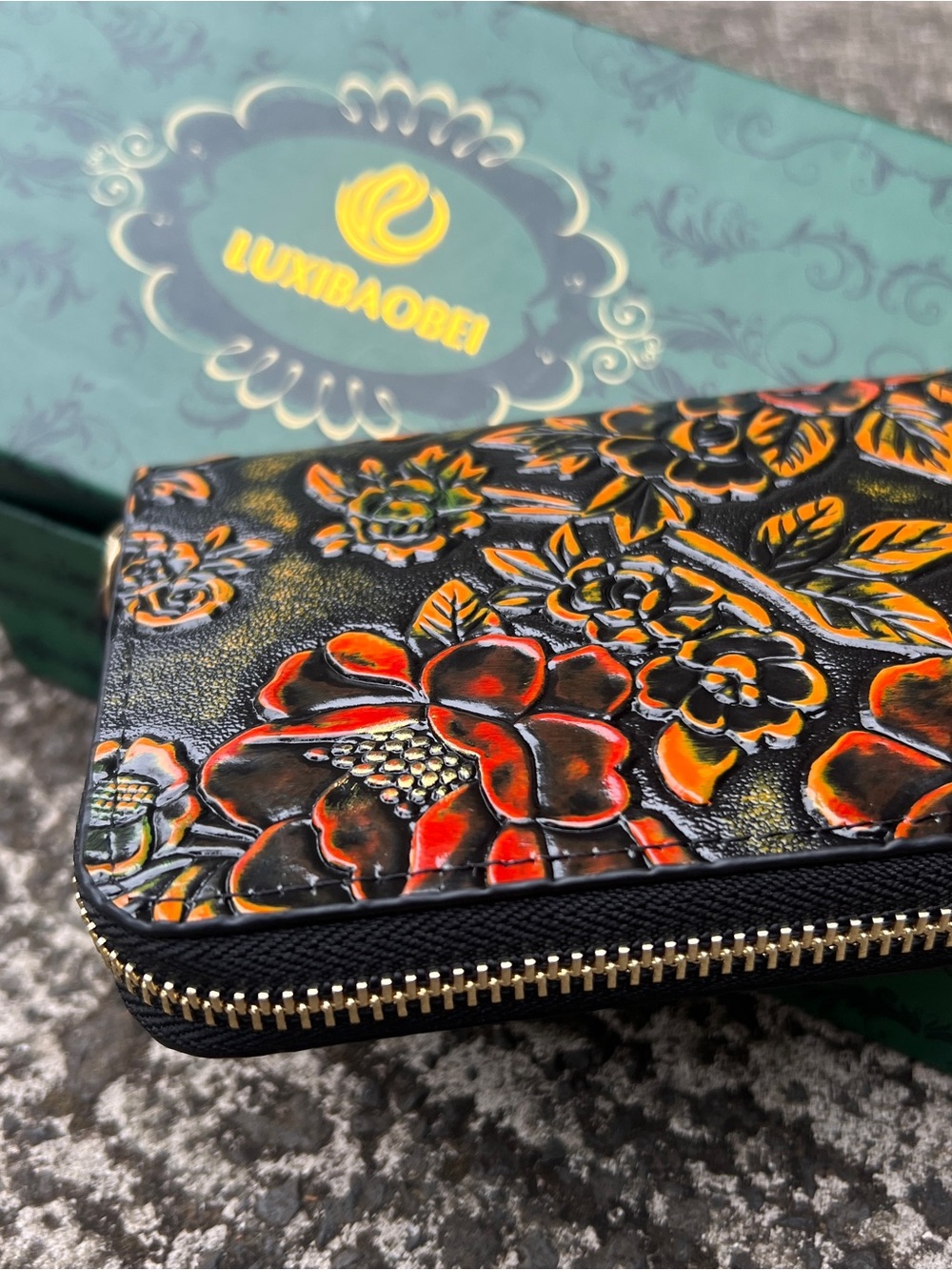 Luxibaobei Black Floral Embossed Zip Wallet with Red & Orange Accents